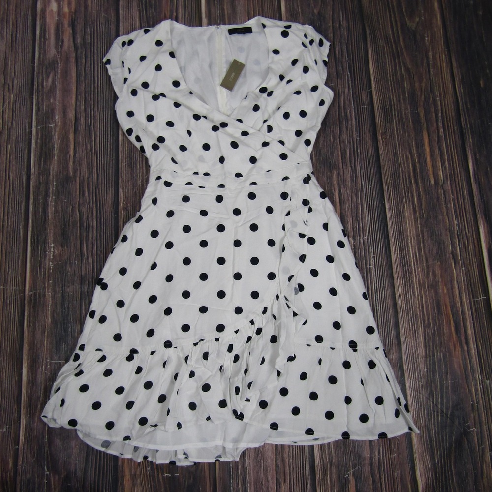 J Crew Dress Womens 00 White Black Polka Dot Ruffle Wrap Sleeveless‎ Viscose